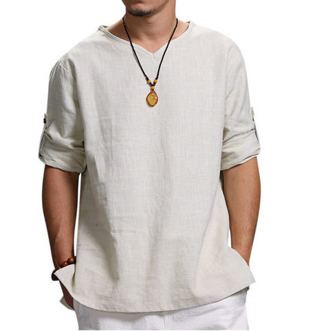 V Neck Cotton Linen Shirt - White - Bkinz Store