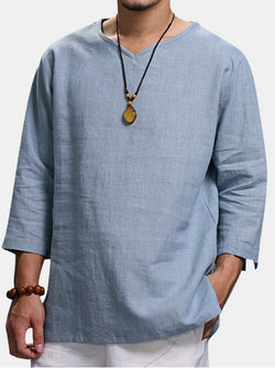 V Neck Cotton Linen Shirt - Light Blue - Bkinz Store