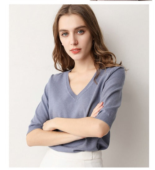 V Neck Short Sleeve Shirt Top - Grey blue - Bkinz Store
