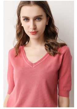Shirt Top met V-hals en Korte Mouwen - Roze - Bkinz Store