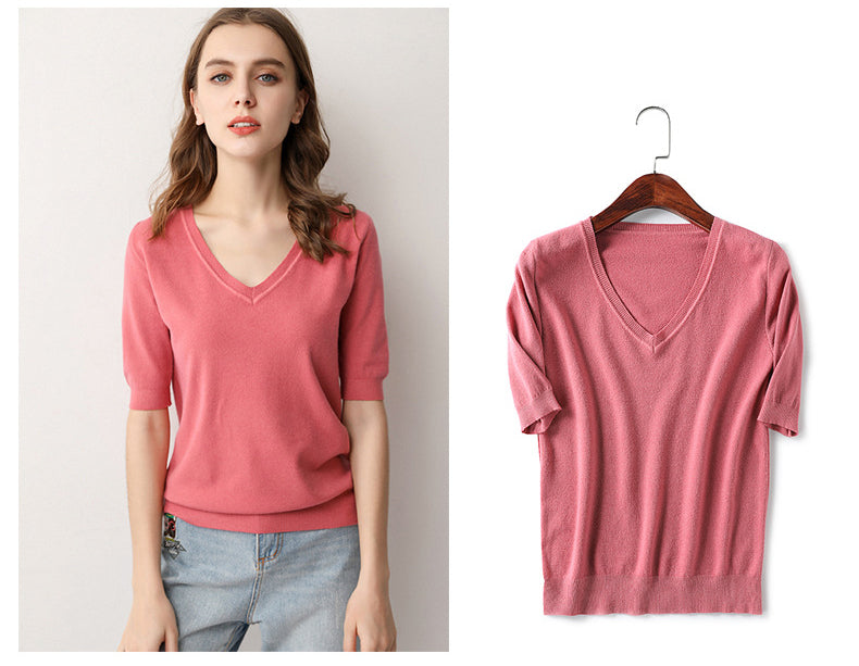 V Neck Short Sleeve Shirt Top - Pink - Bkinz Store