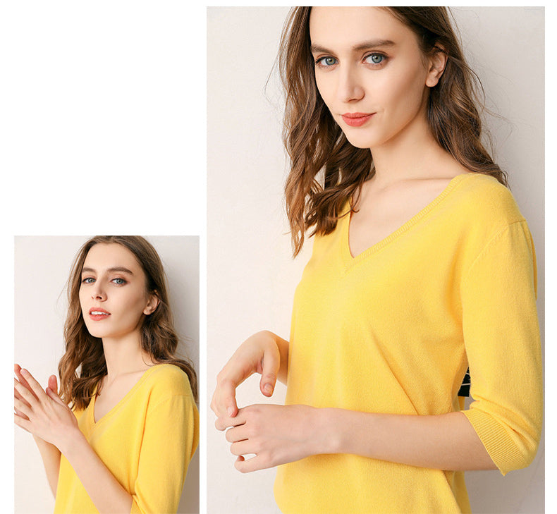 V Neck Short Sleeve Shirt Top - Yellow - Bkinz Store