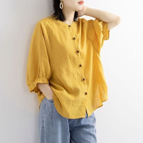 O-Neck Long Sleeve Shirt Dames - Yellow - Bkinz Store
