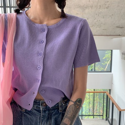 Short Sleeve Knitted Crop Top - Purple - Bkinz Store