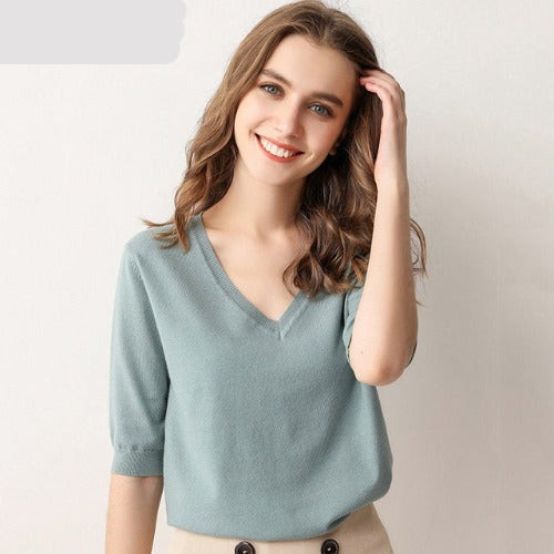 V Neck Short Sleeve Shirt Top - Grey green - Bkinz Store