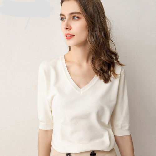 V Neck Short Sleeve Shirt Top - White - Bkinz Store