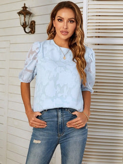 O-hals blousetop met korte mouwen - hemelsblauw - Bkinz Store