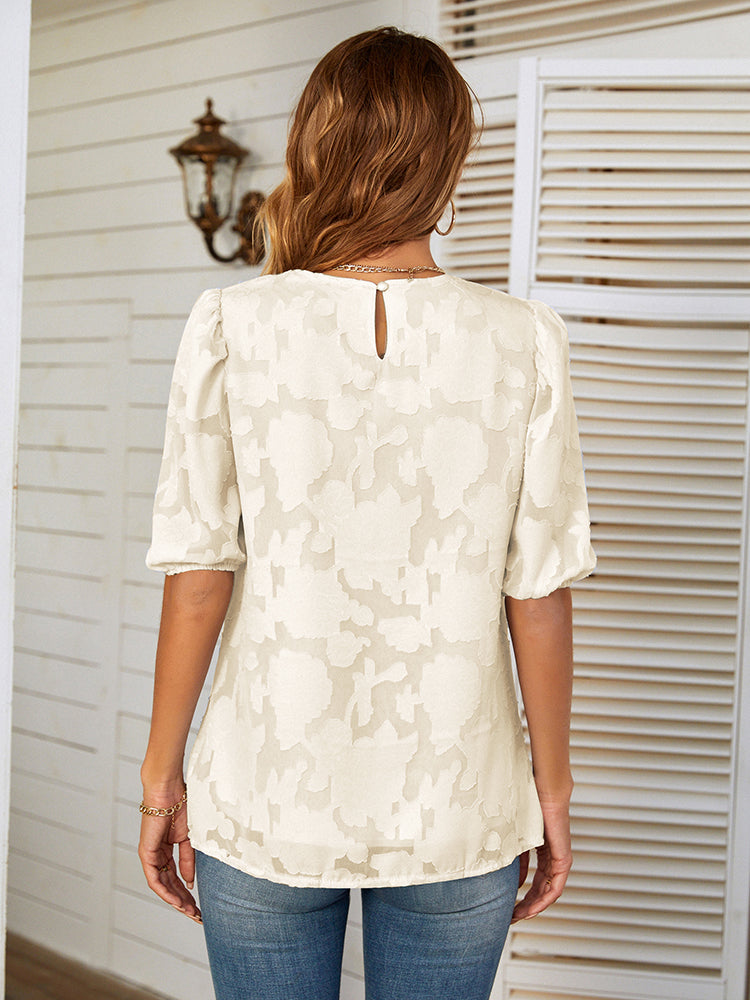 Short Sleeve O Neck Blouse Top - Apricot - Bkinz Store